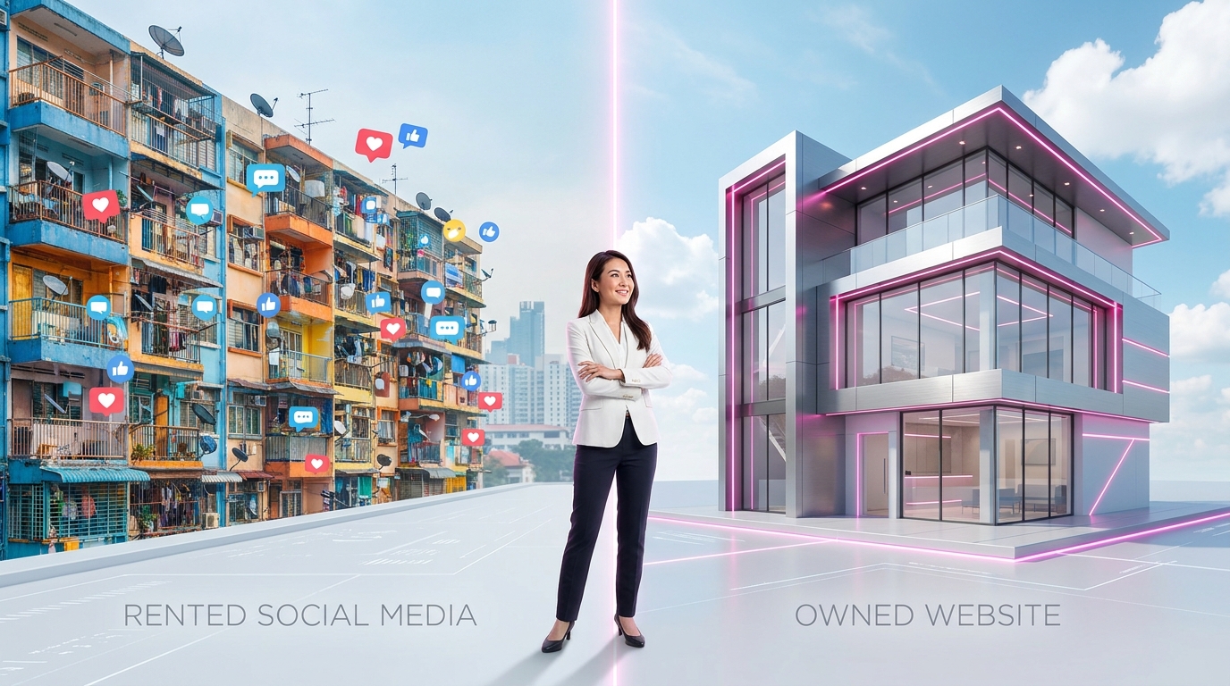 Visual comparison between rented social media platforms and owned professional clinic websites.