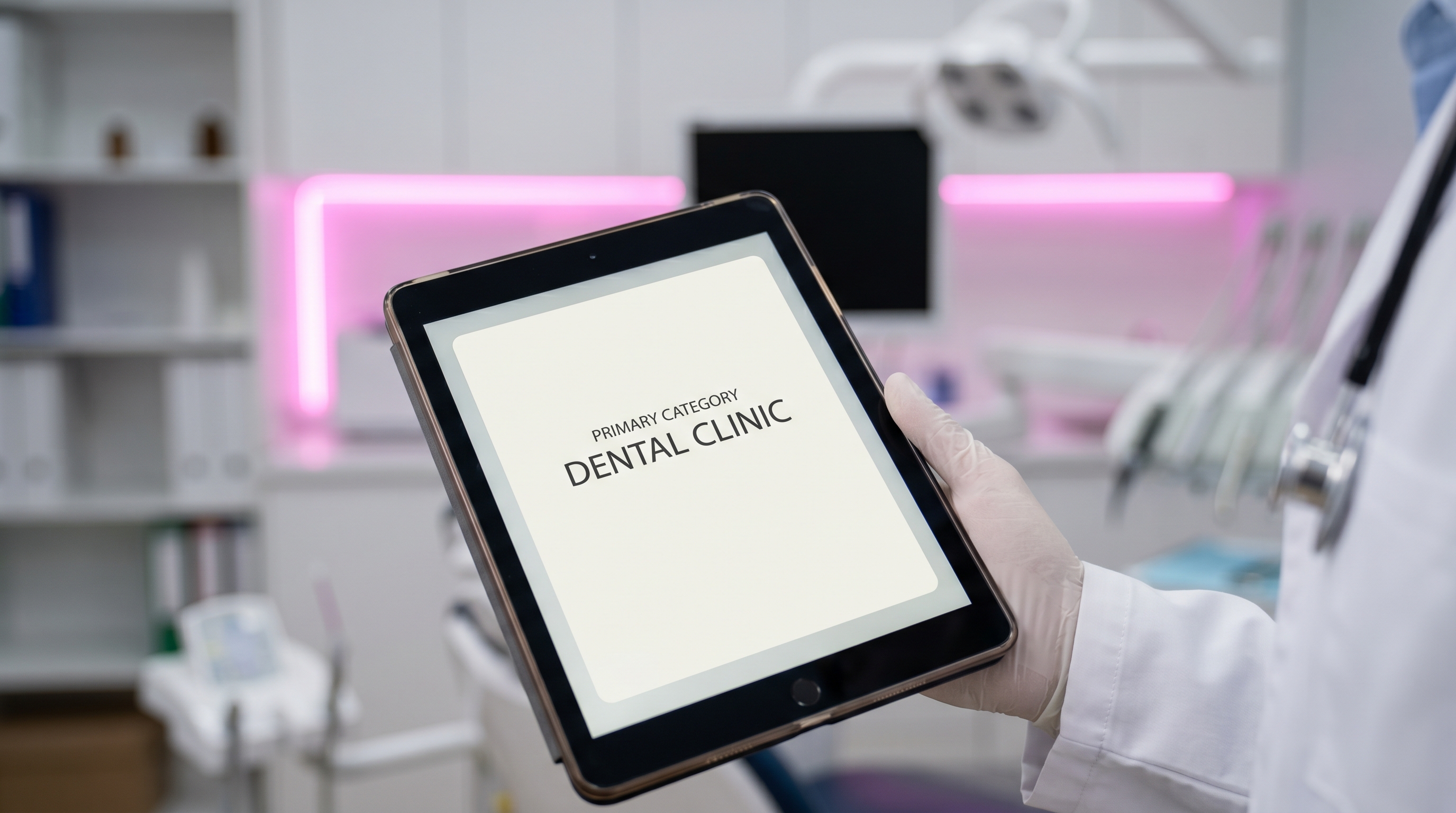 Close up of a tablet showing correct Google Business Profile category selection for a dental clinic.