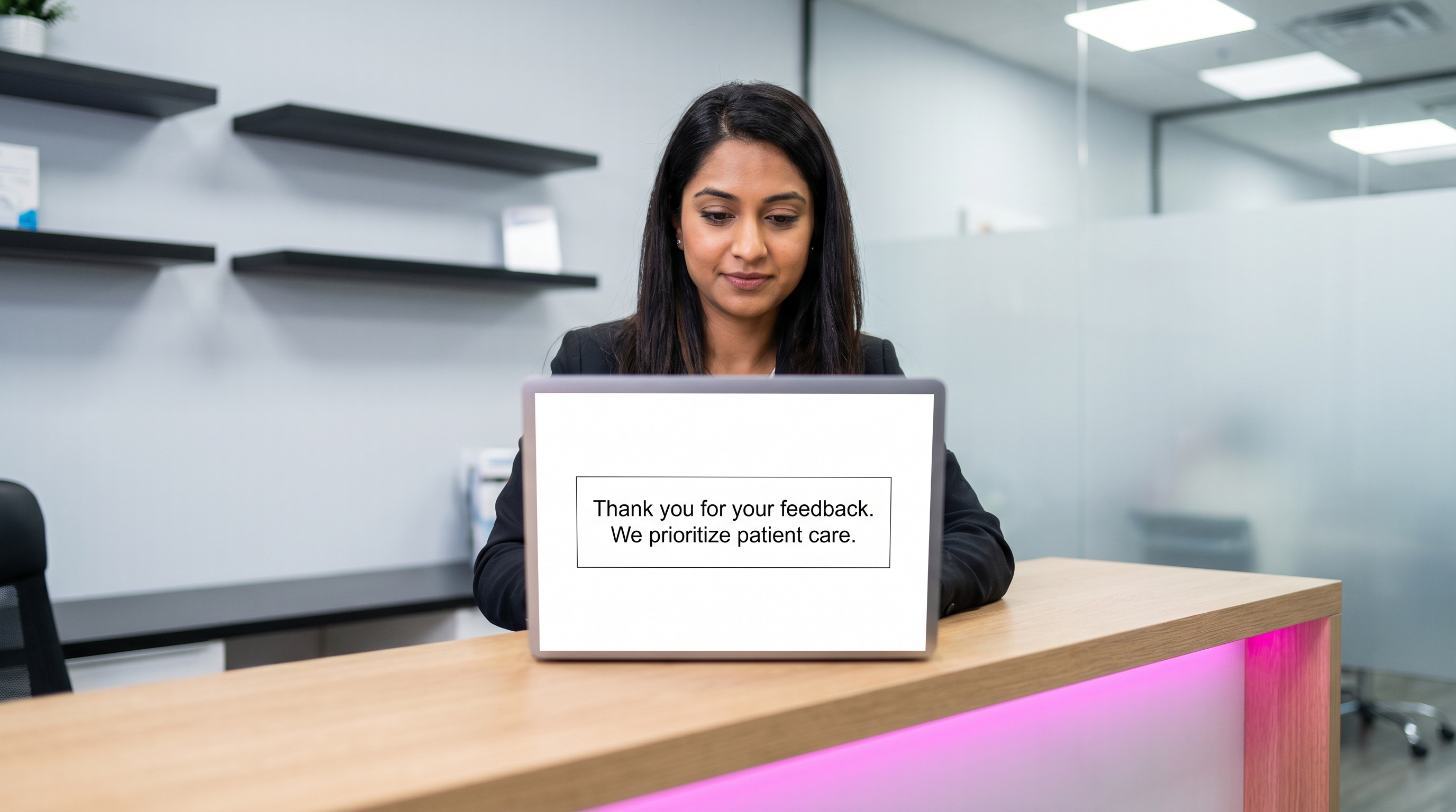 Professional clinic manager crafting a private, patient-focused response to a review in a modern office.