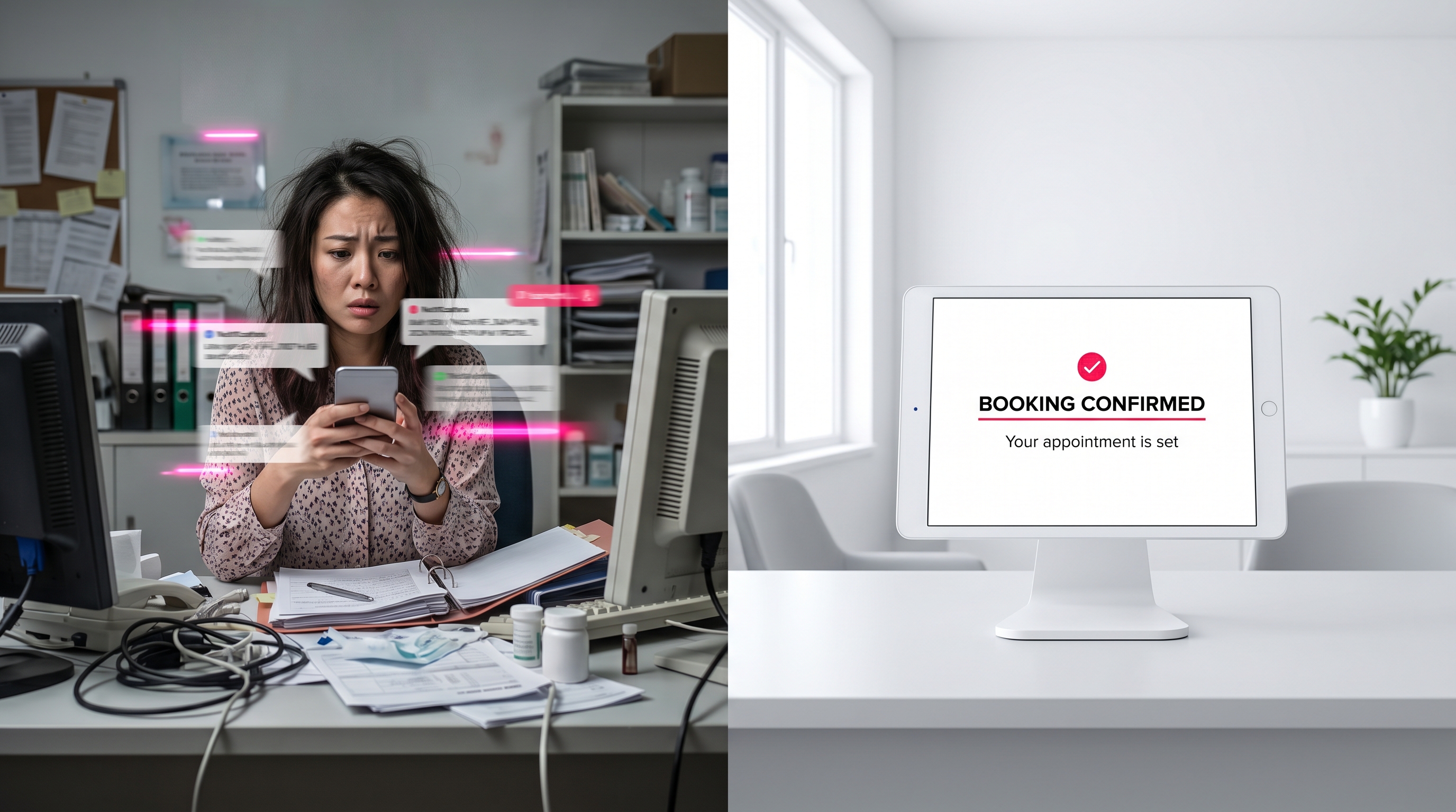 Comparison of a busy, manual clinic front desk versus an organized, automated digital booking dashboard.