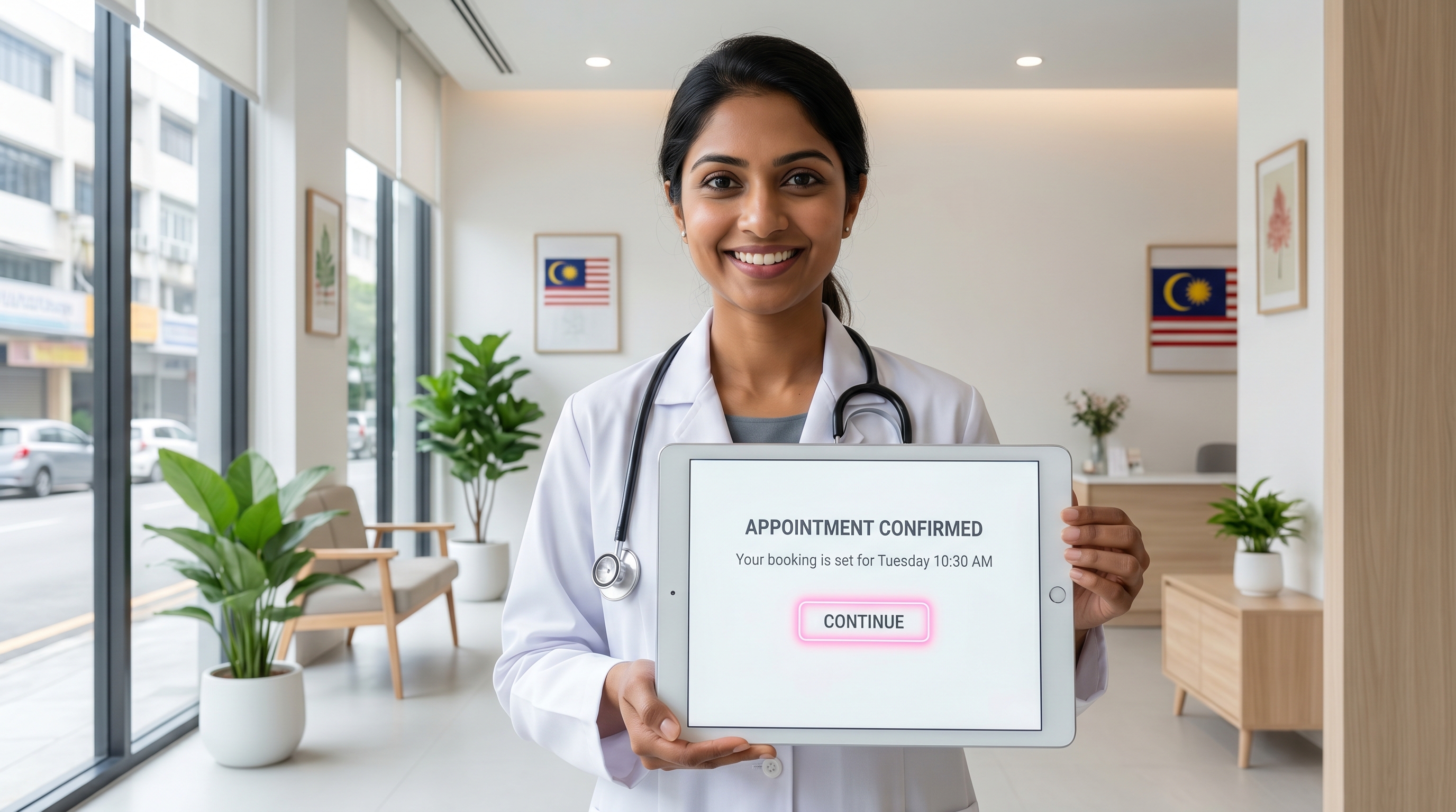 A patient appointment being confirmed on a modern digital clinic dashboard.
