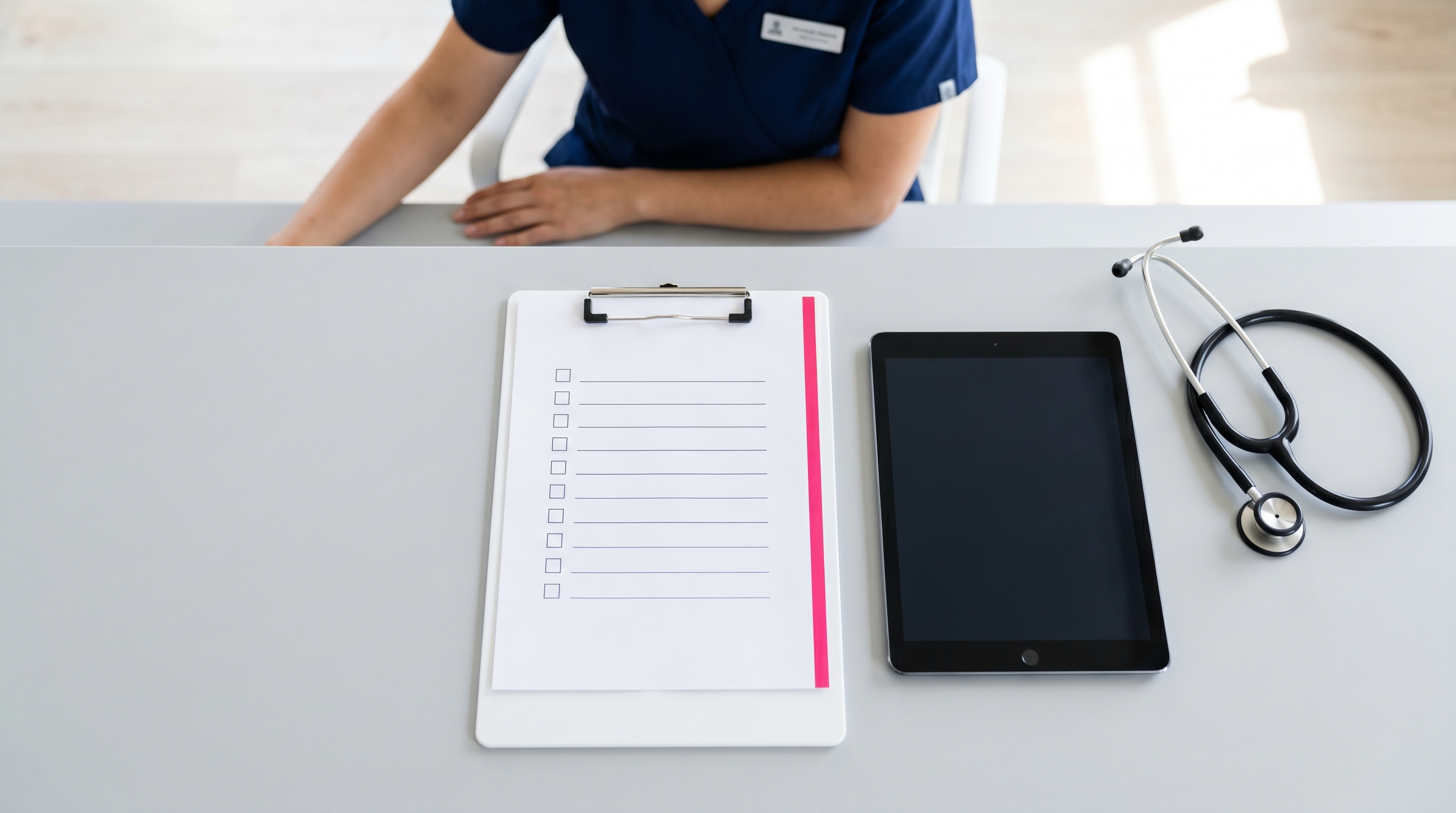 Medical compliance checklist on a clean clinic reception desk.