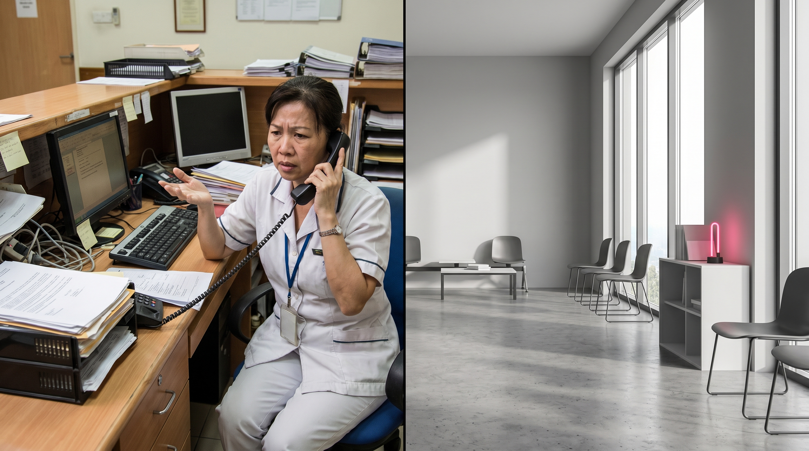 Split view of a busy clinic receptionist and an empty clinic waiting area