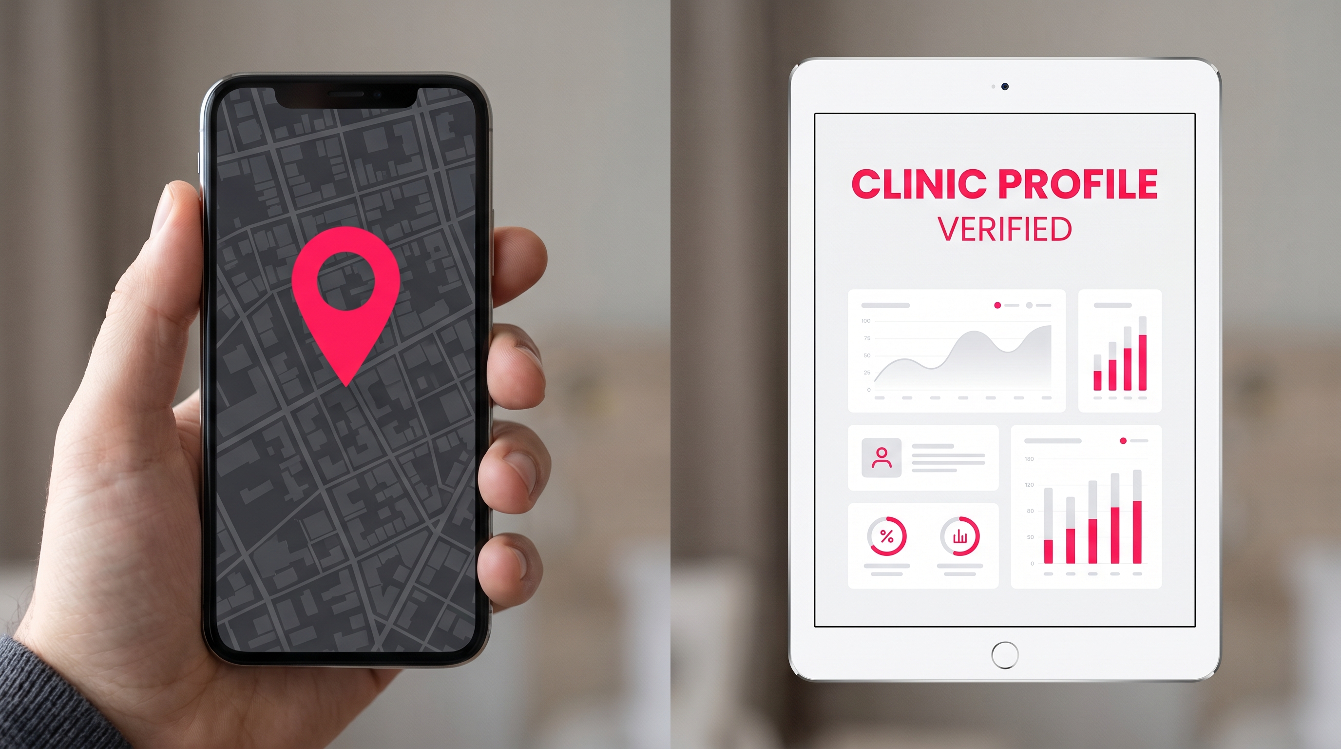 Split view of mobile map search and verified clinic business profile