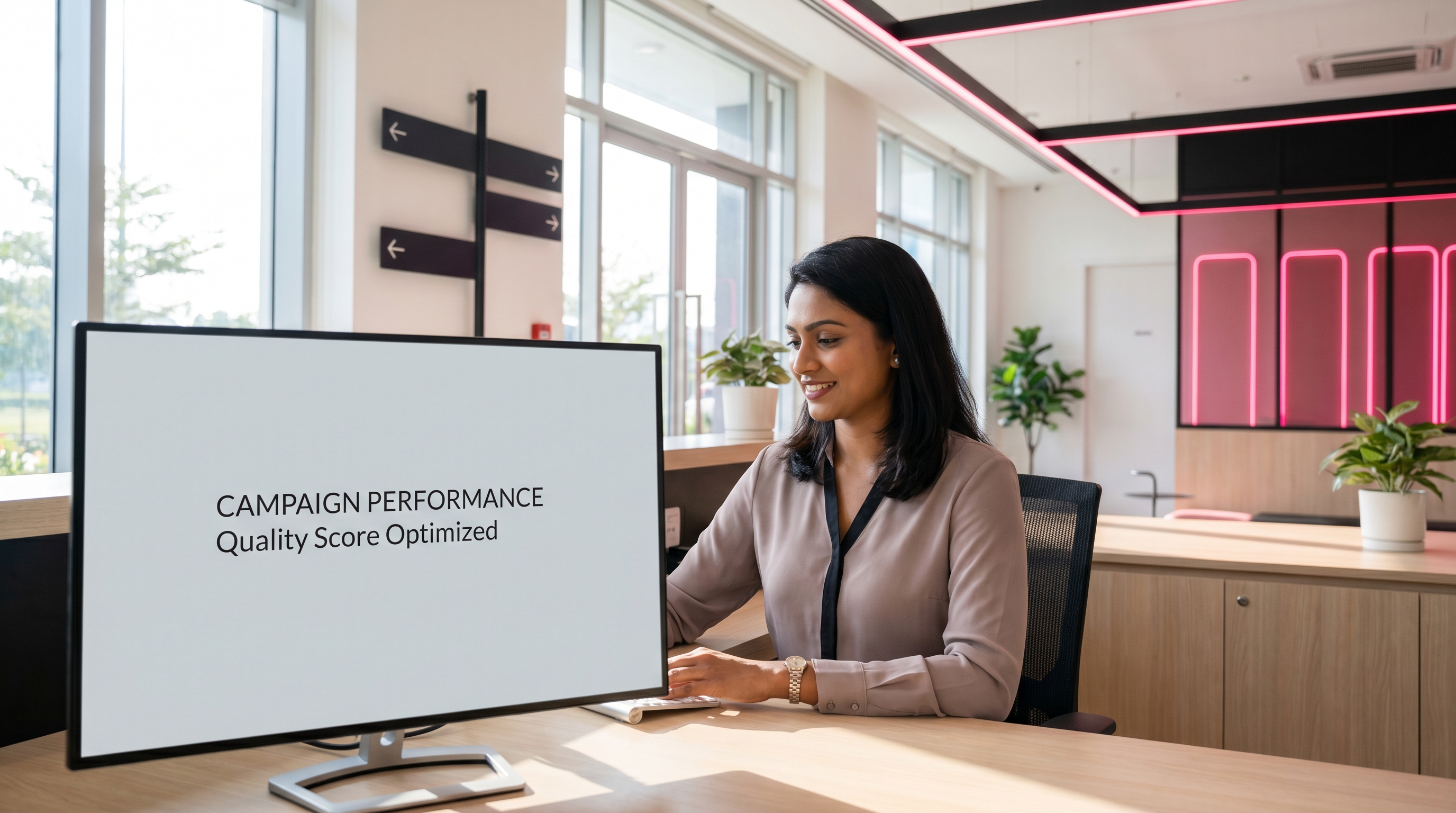 A modern clinic reception area showing a clean campaign performance dashboard.
