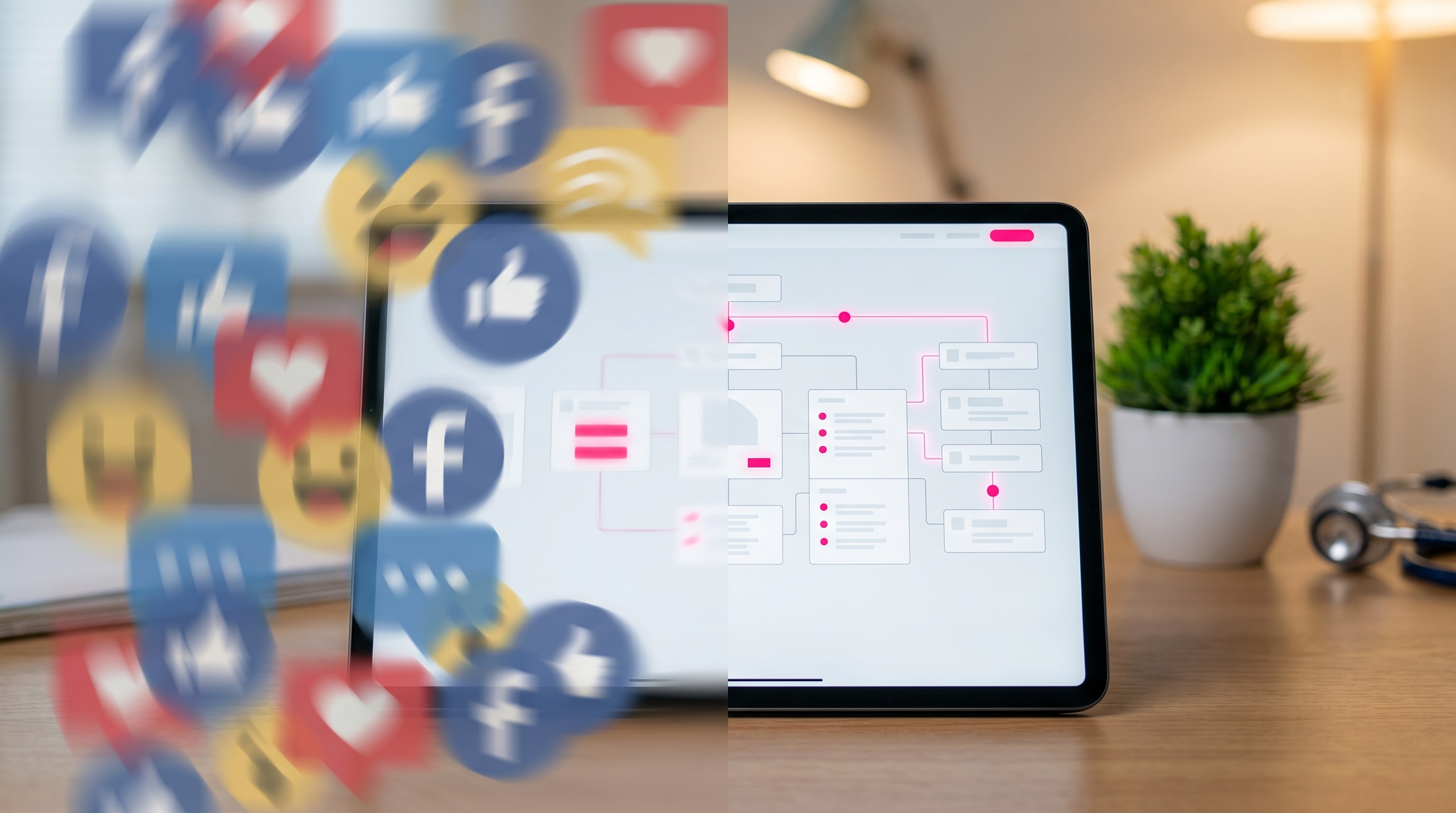 Comparison infographic showing the contrast between disorganized social media feeds and structured clinic website architecture.