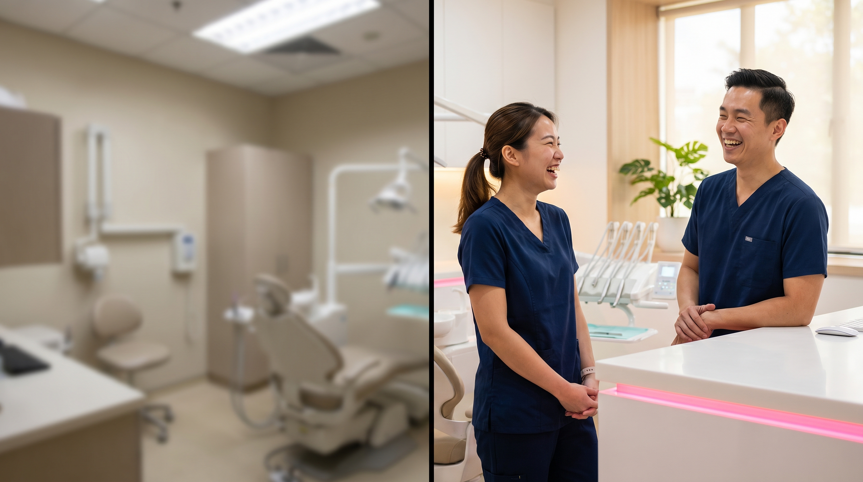 Comparison of sterile stock imagery versus authentic team photography in a dental setting.