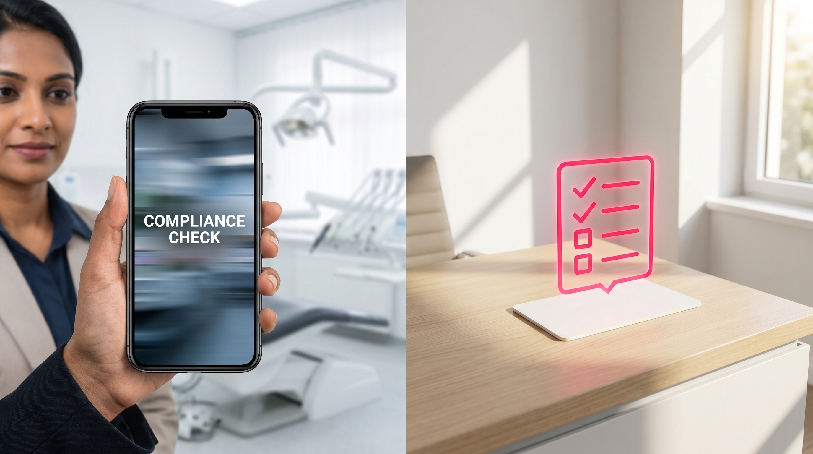 A dental professional verifying mobile website speed and regulatory compliance in a modern clinic.