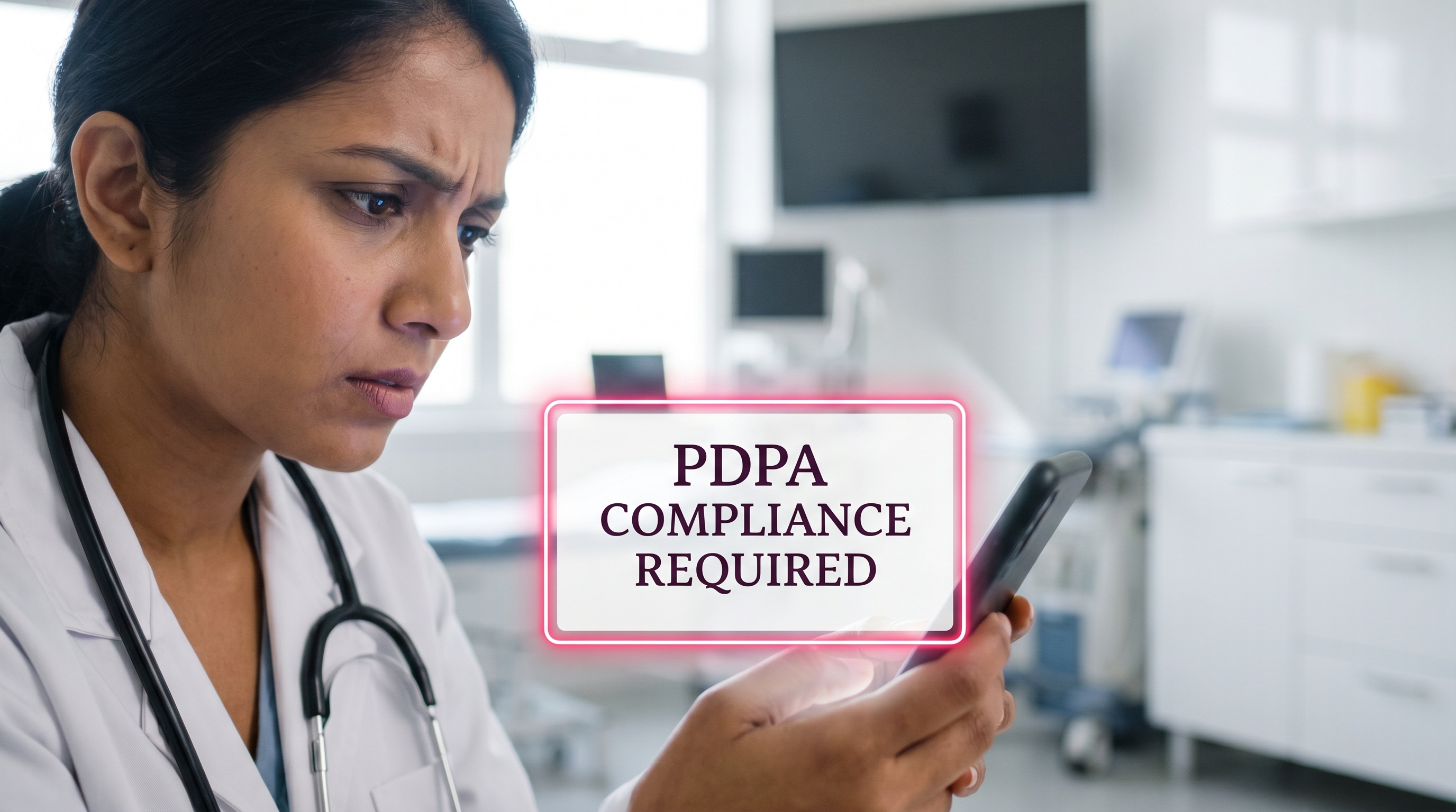 Healthcare professional reviewing digital compliance requirements for clinic management software.