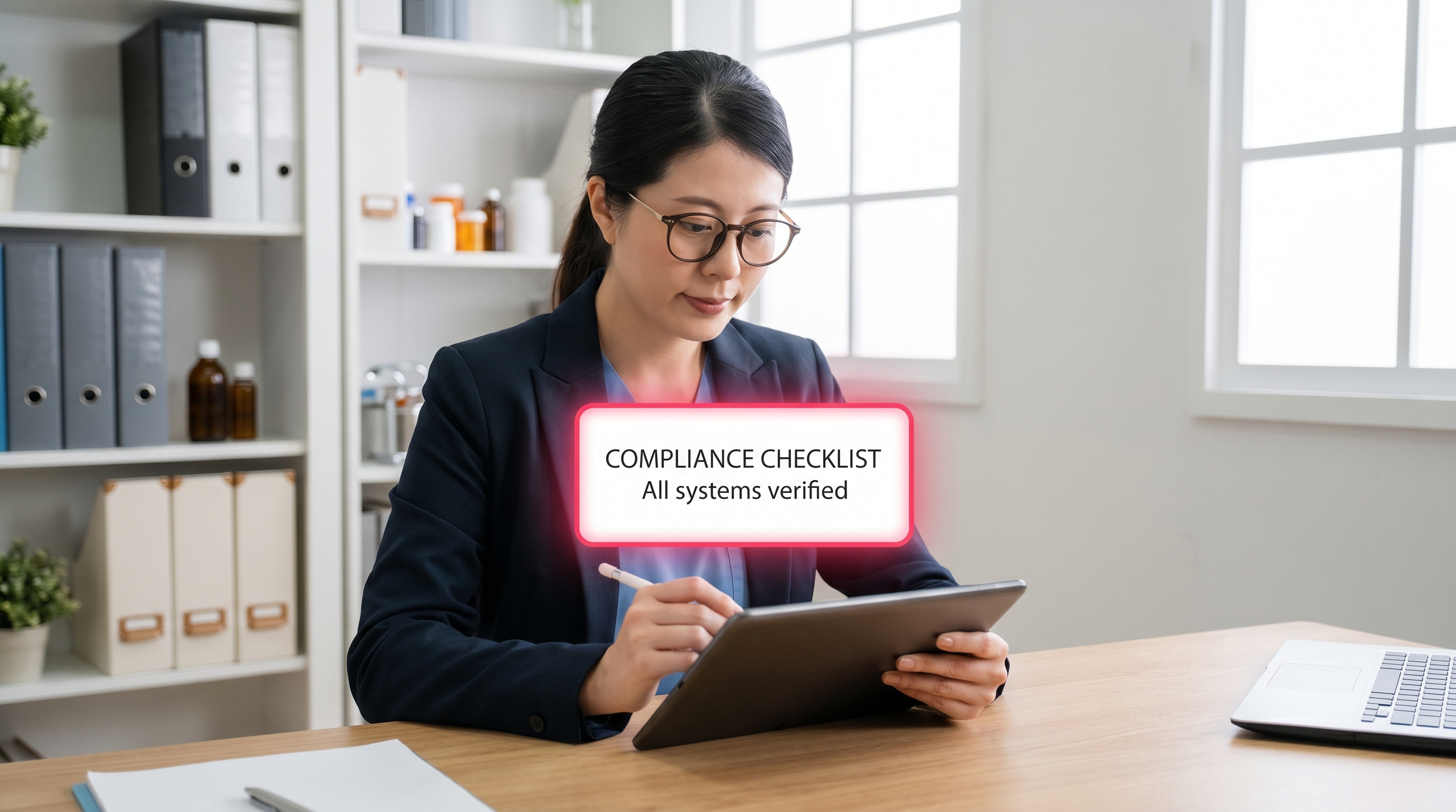 Digital healthcare compliance checklist on a tablet in a Malaysian clinic