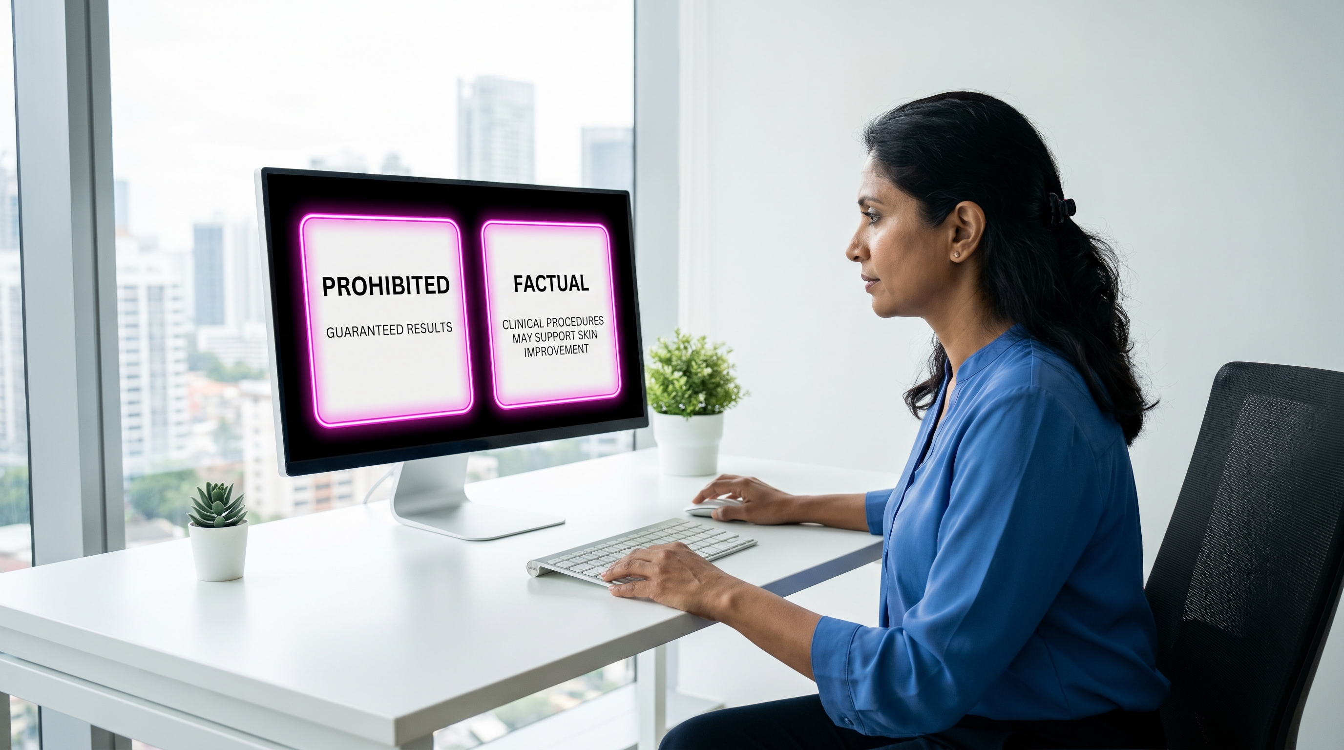 Comparing prohibited marketing claims with compliant factual statements for aesthetic clinics.