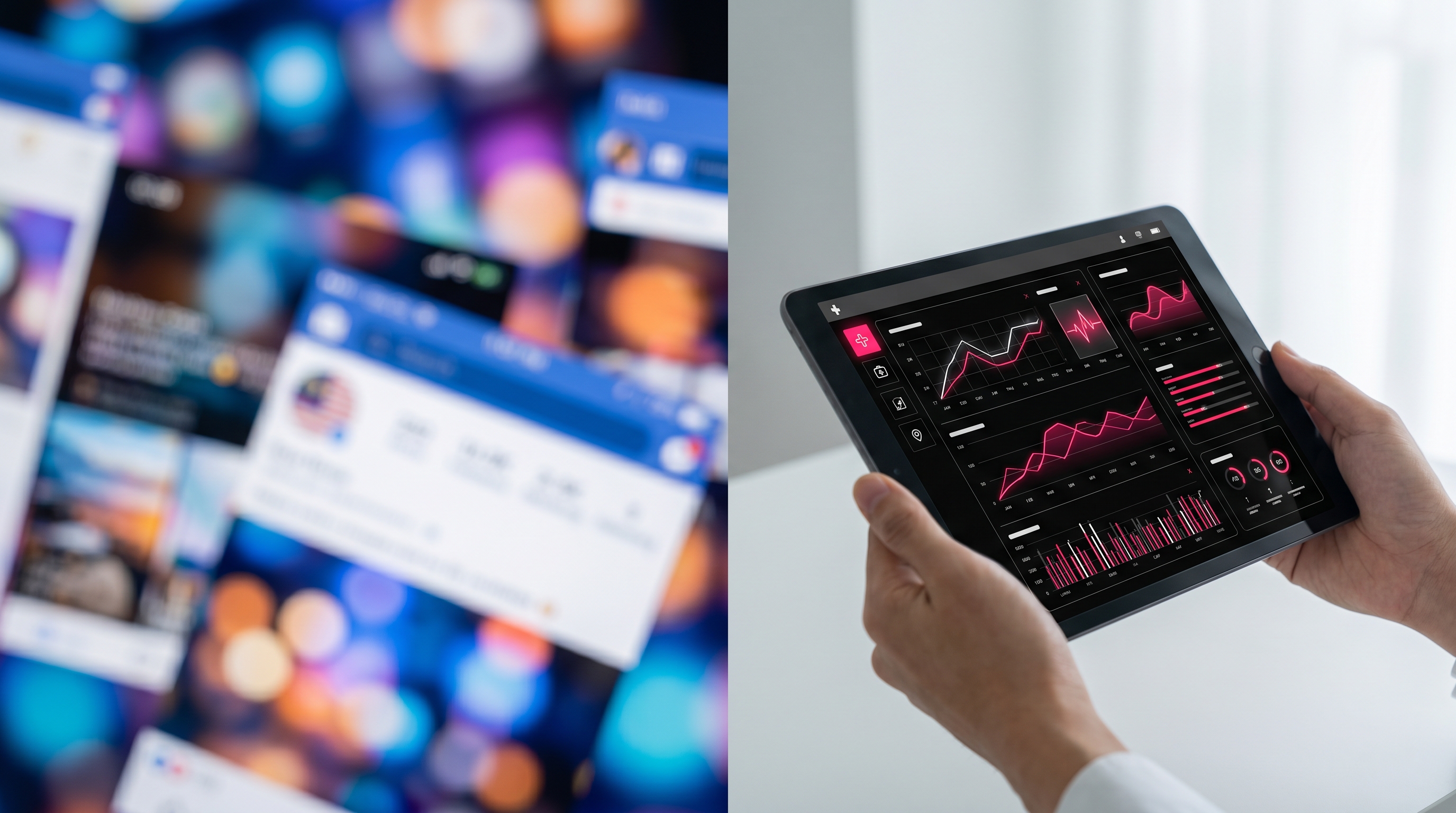 Comparison between cluttered social media and a professional medical website dashboard
