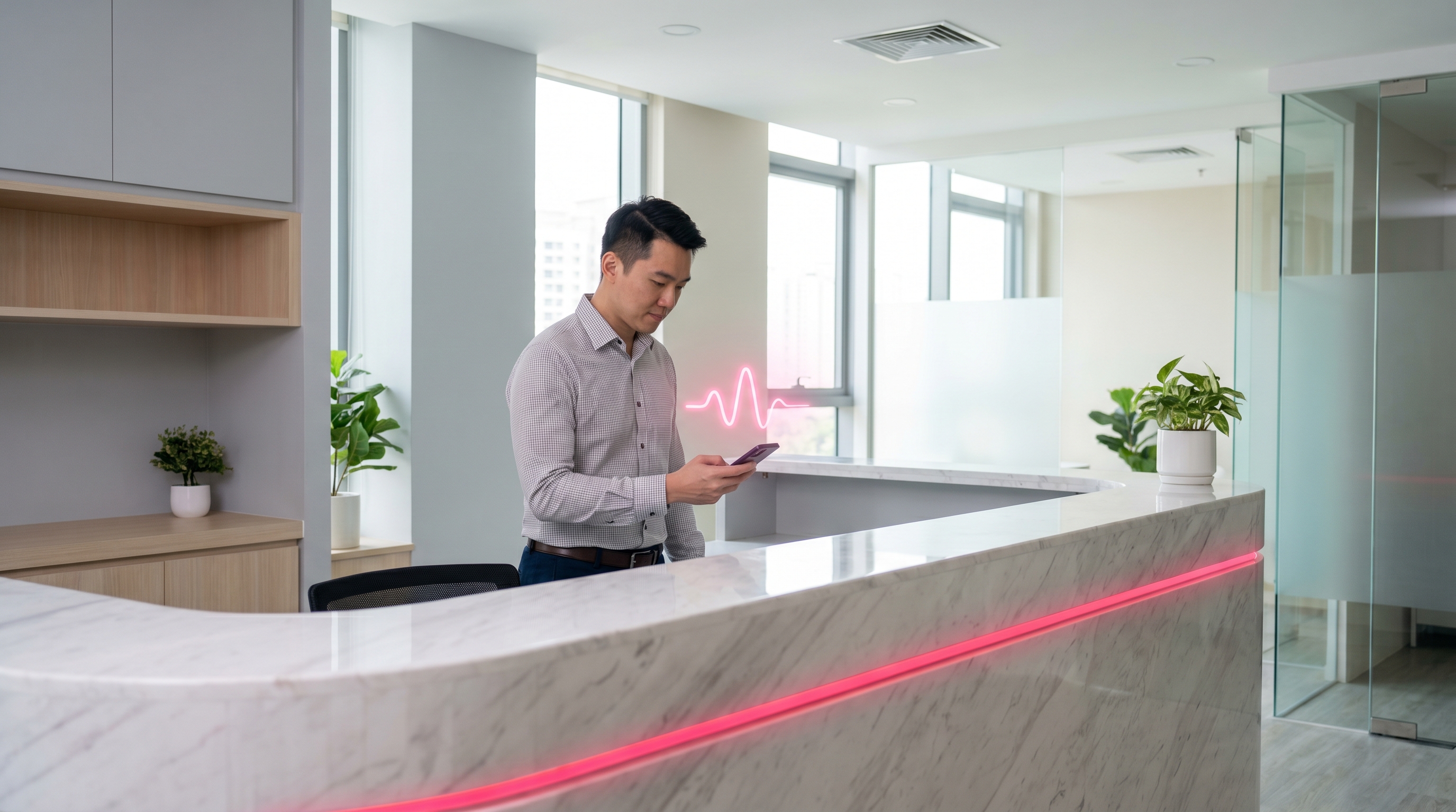 Patient checking appointment on smartphone in a modern dental clinic