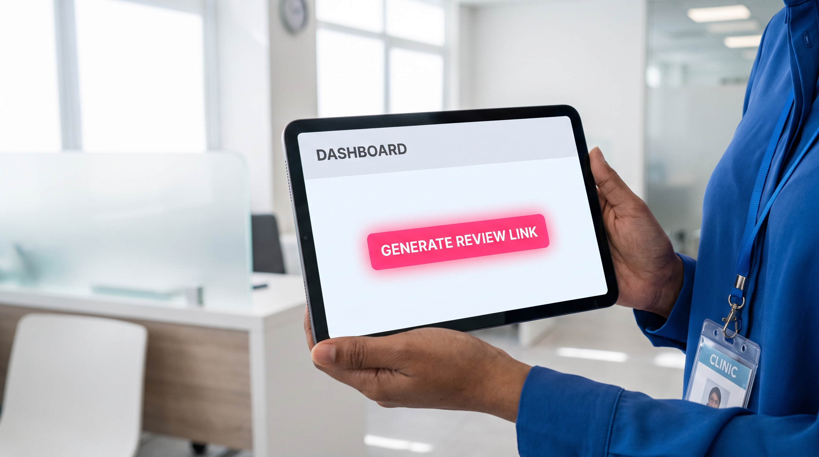 Clinic dashboard showing the review link generation interface