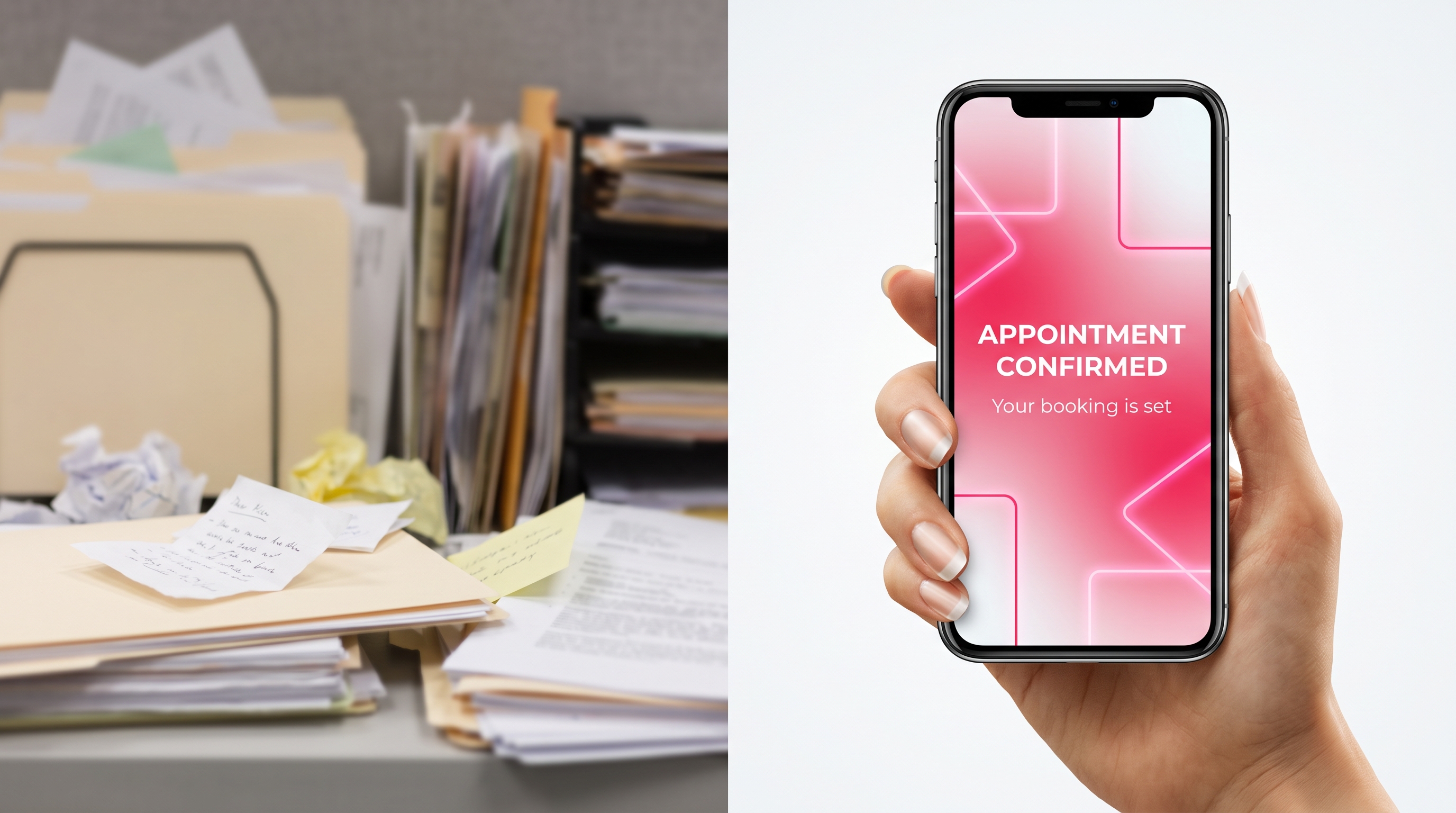 Comparison between cluttered manual paperwork and efficient digital appointment booking.