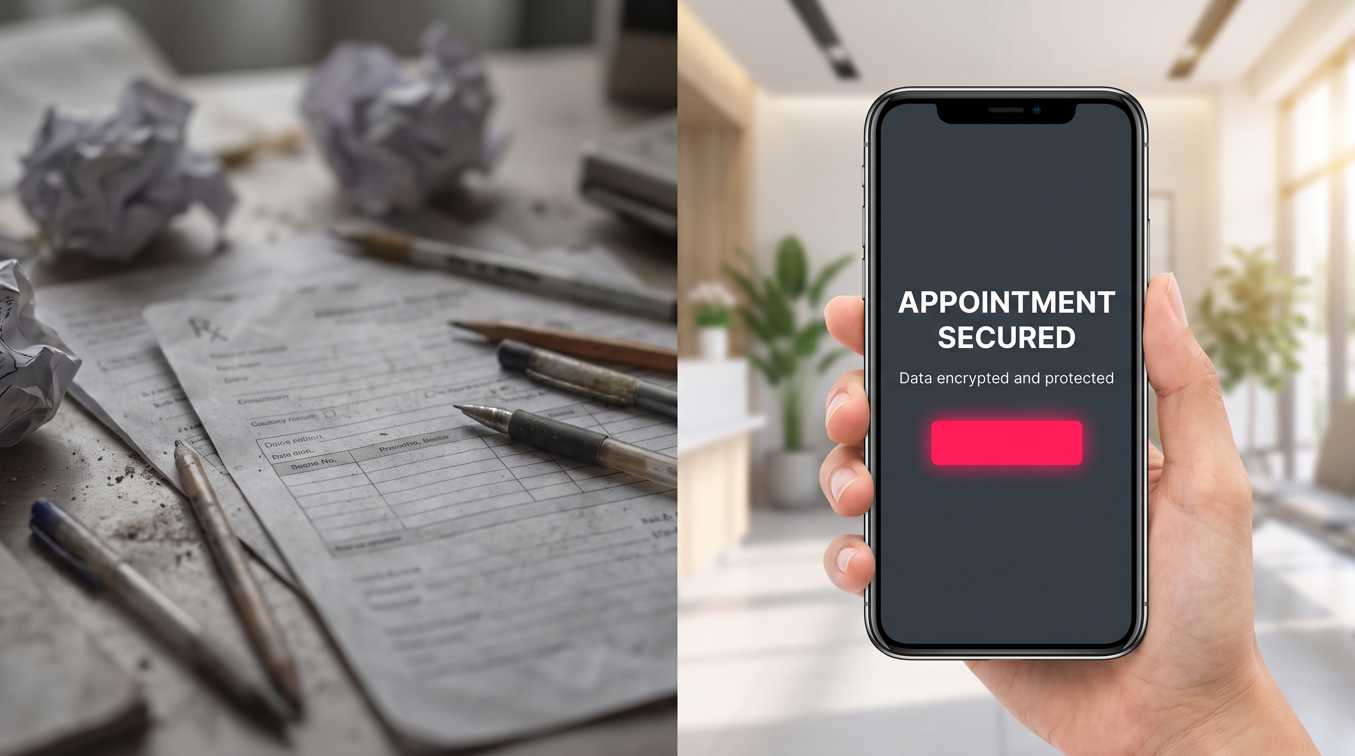 Comparison of insecure intake forms versus a secure, PDPA-compliant medical booking interface.