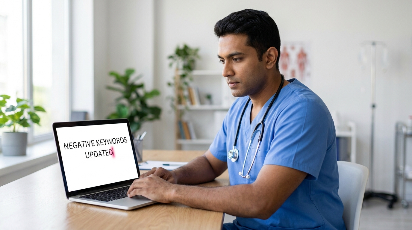 Clinic manager updating negative keyword list on a digital dashboard to optimize ad performance.