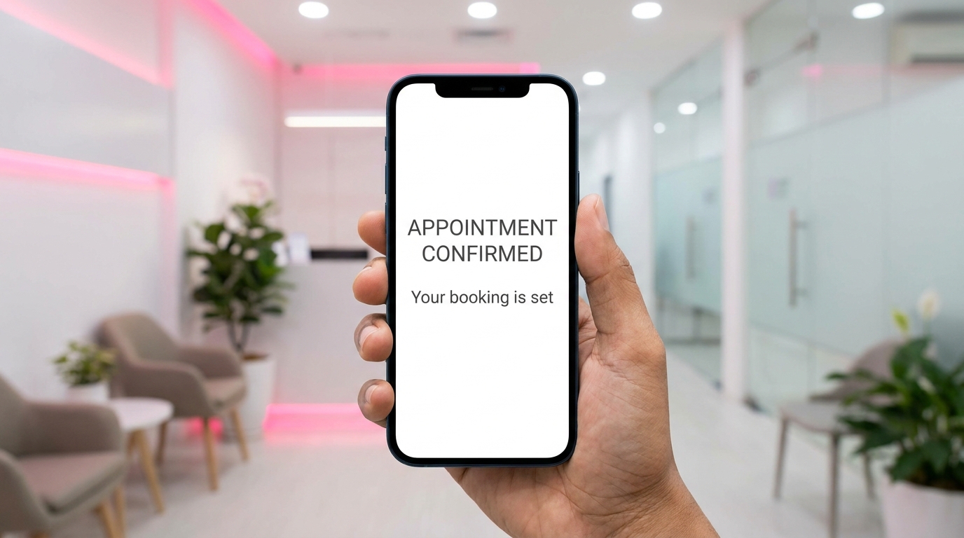 Mobile phone showing a simplified clinic appointment booking interface on a clean website.