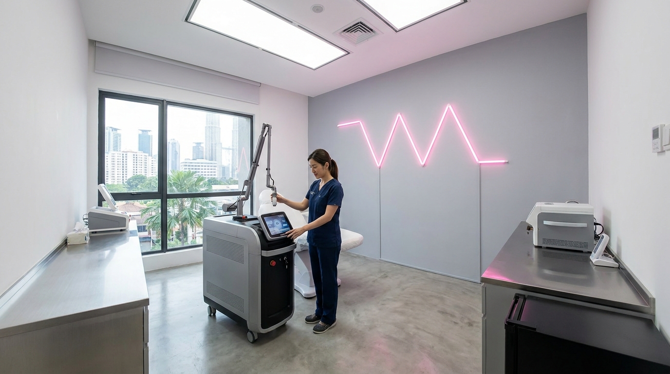 Clean and modern aesthetic clinic treatment room with advanced medical equipment.