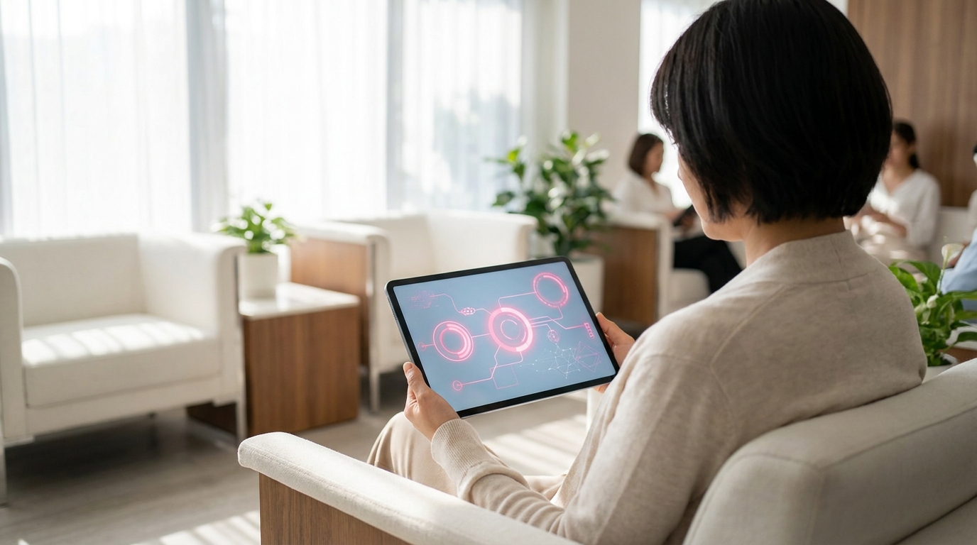 Patient journey infographic represented through abstract interface elements on a tablet in a clinic.