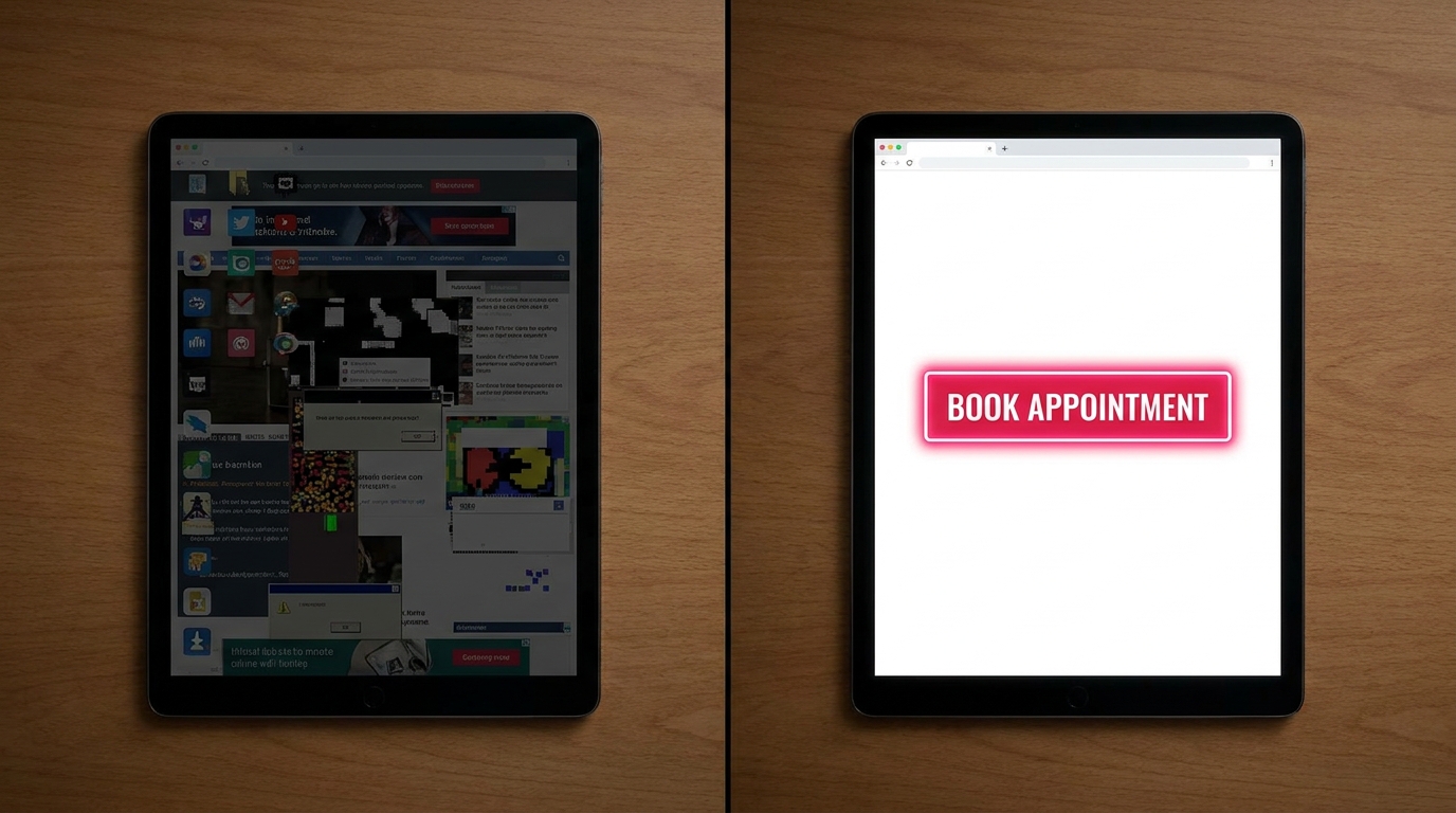 Comparison of a cluttered generic website versus a clean, conversion-optimized clinic booking interface.