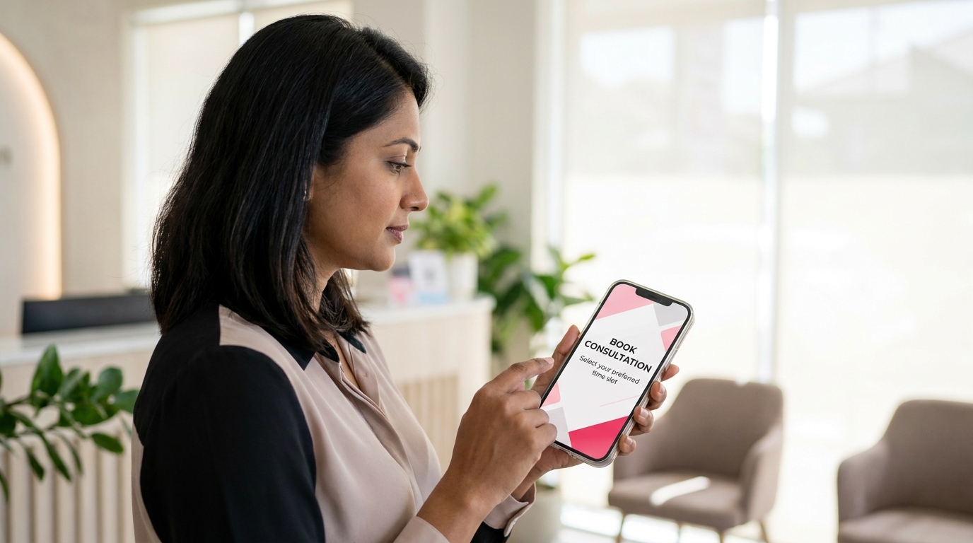 A patient using a mobile-optimized booking interface in a clean, modern aesthetic clinic.