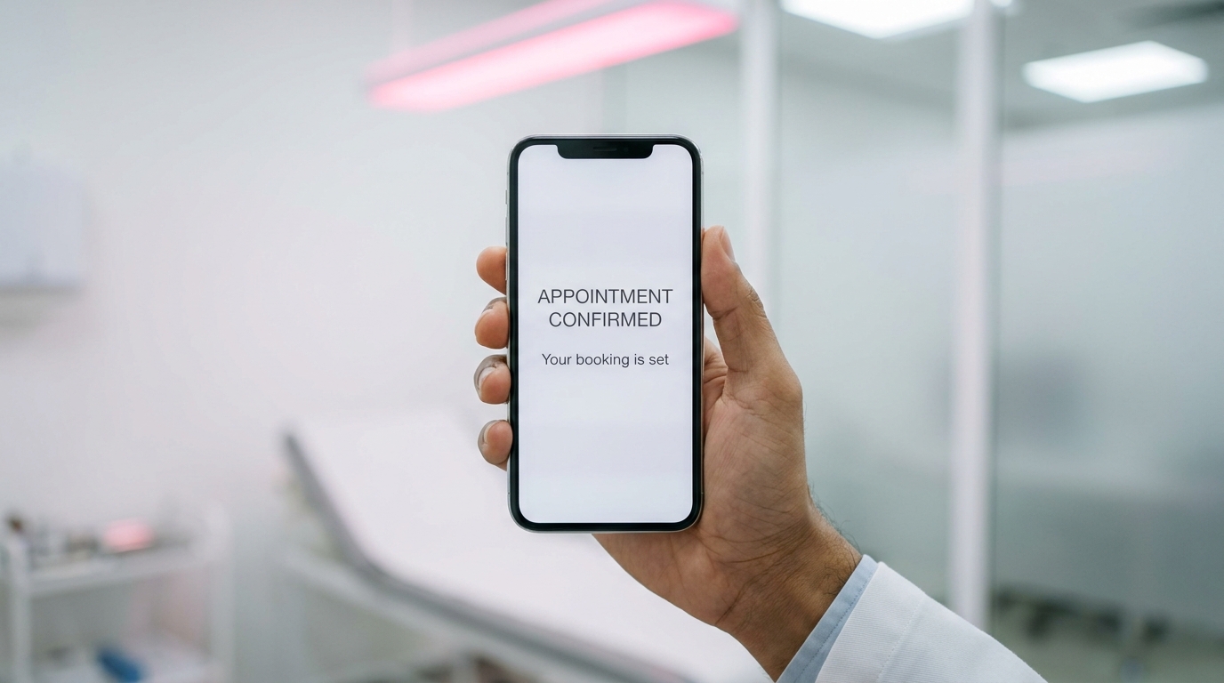 Automated appointment booking confirmation on a smartphone in a clinical setting.