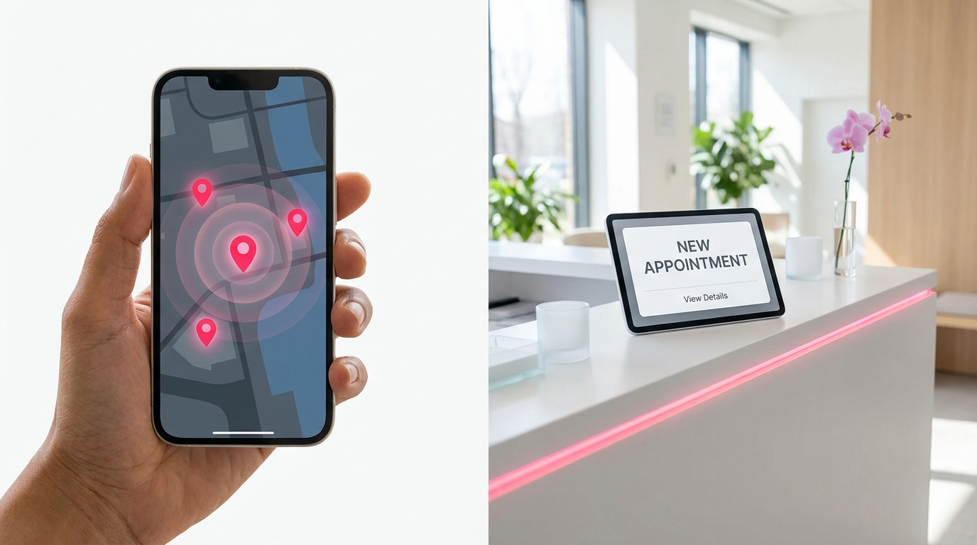 A conceptual split-screen showing a patient's mobile map search and a clinic's new appointment notification.
