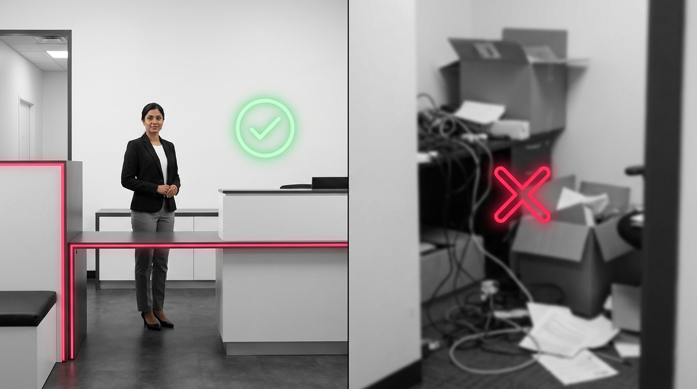 A visual representation of compliant clinic branding versus non-compliant practices in a professional healthcare setting.