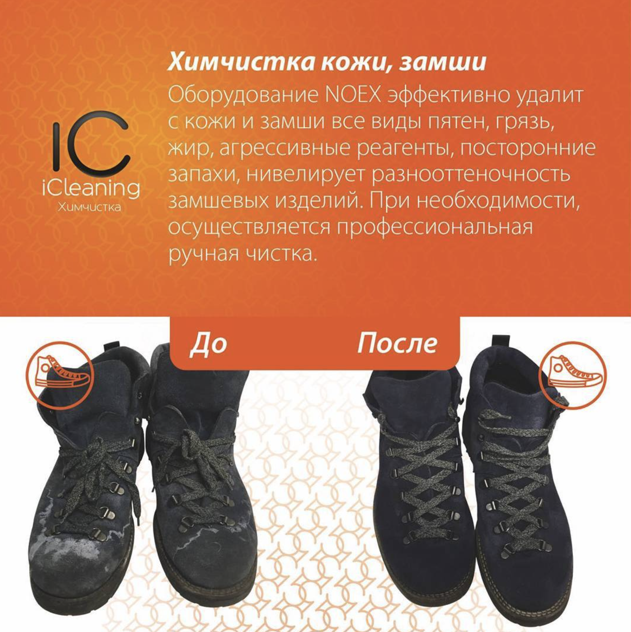 Обувь из замши до и после профессиональной чистки на оборудовании NOEX в iCleaning