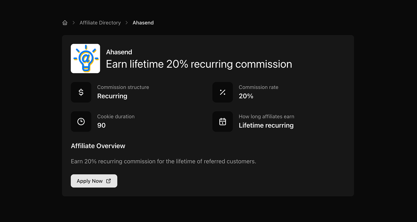 Affiliate program listing inside the Best of Web affiliate directory