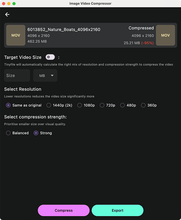 Control the compression strength to balance video size and quality