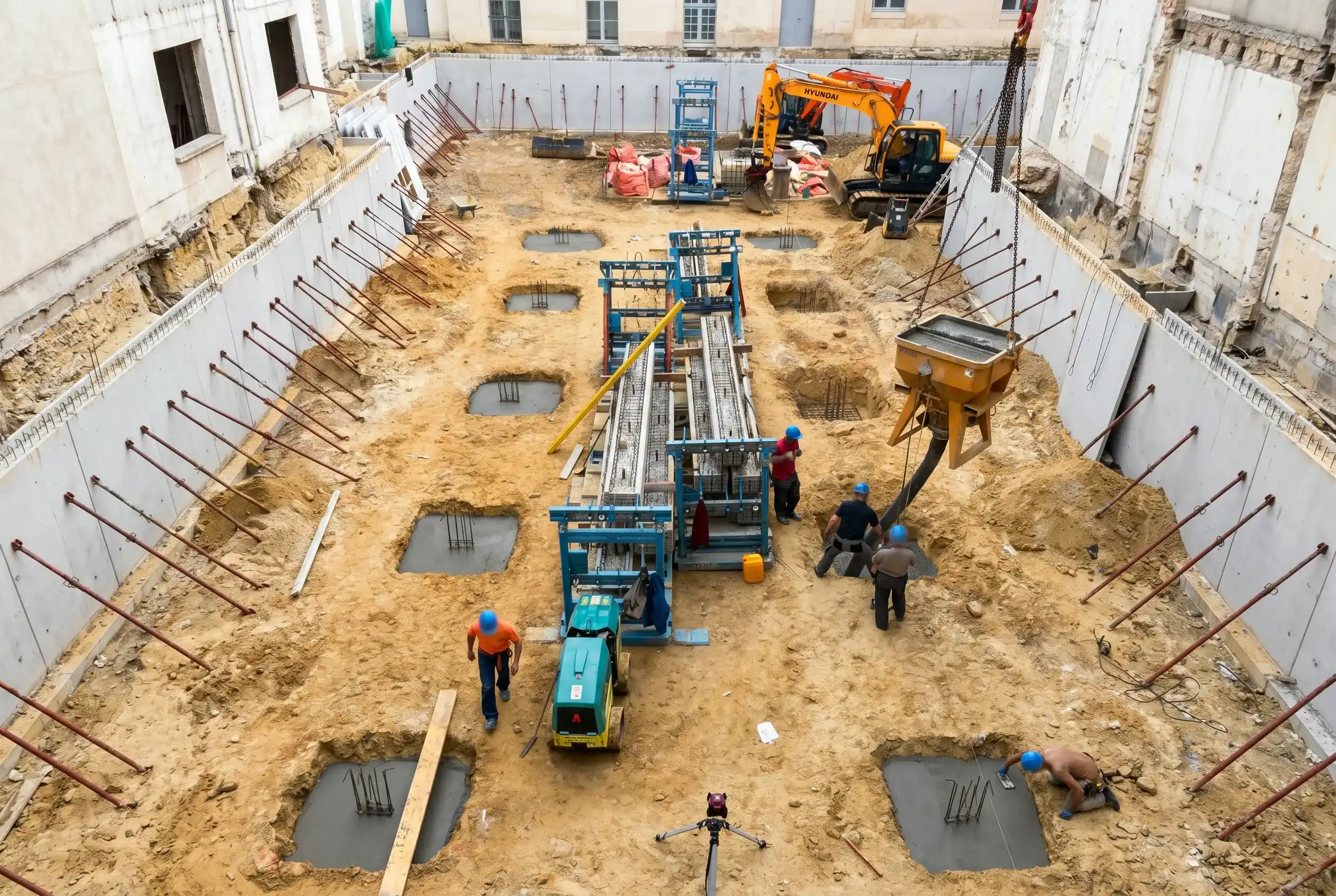 Vue aérienne d'un chantier de fondations, opération suivie par Optima Ingénierie