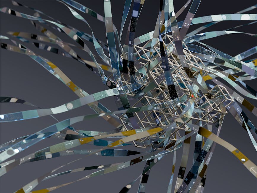 A complex geometric structure with intertwining metallic and multi-colored bands extending outward.