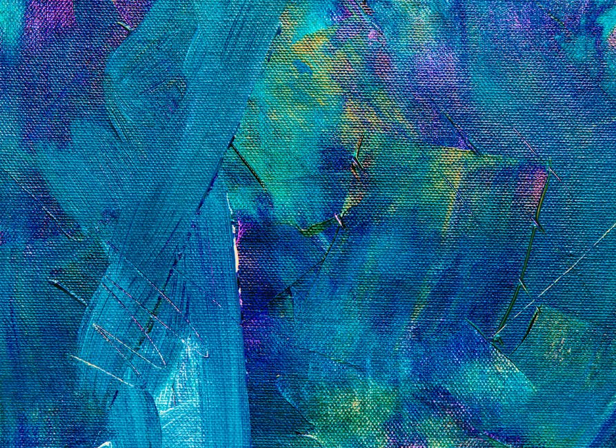 An abstract painting with vibrant blue, green, and purple brush strokes on a textured canvas.