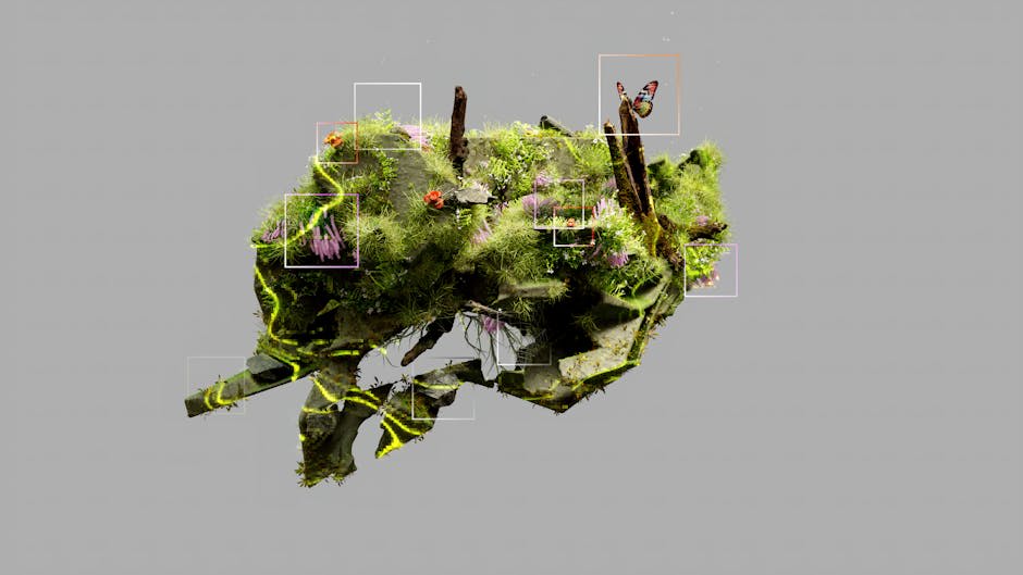A small, lush floating island with dense green moss, scattered purple and orange flowers, two wooden sticks, and a butterfly resting on top. The island is suspended against a plain background, highlighting its intricate foliage and natural elements.