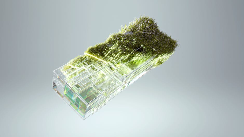 A transparent rectangular structure covered partially by dense green moss or vegetation, floating against a light background.