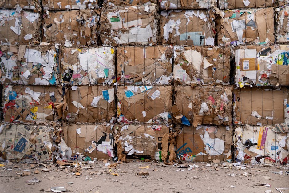 Stacks of compressed cardboard and paper bales bound with wires, prepared for recycling.