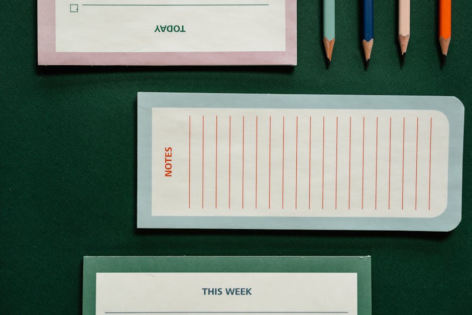 An arrangement of various stationery items, including a 