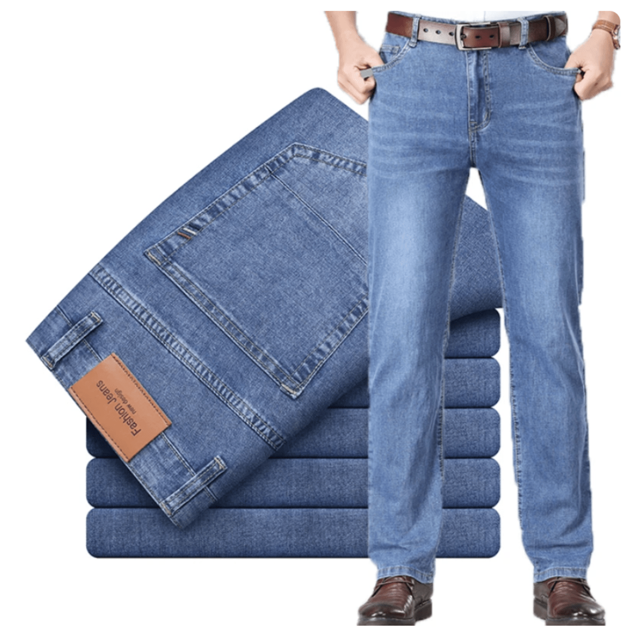 2024 Spring Summer Brand Men's Fit Straight Lightweight Cotton Stretch Denim Business Casual High Waist Thin Light Grey Jeans