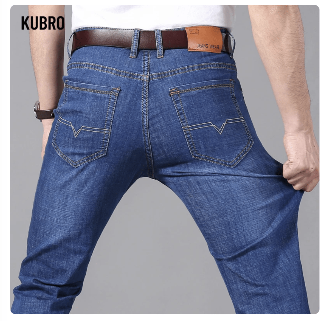 KUBRO Men's Jeans Summer Thin Pants Straight Blue Jean Baggy Casual Work Denim Pant High Elasticity Wide Leg Business Male