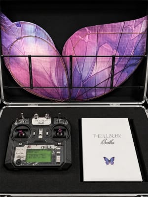 Close-up of the illuminated LED wings on the butterfly drone