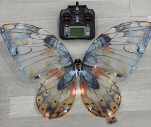 Bride and groom exchanging rings delivered by the butterfly drone