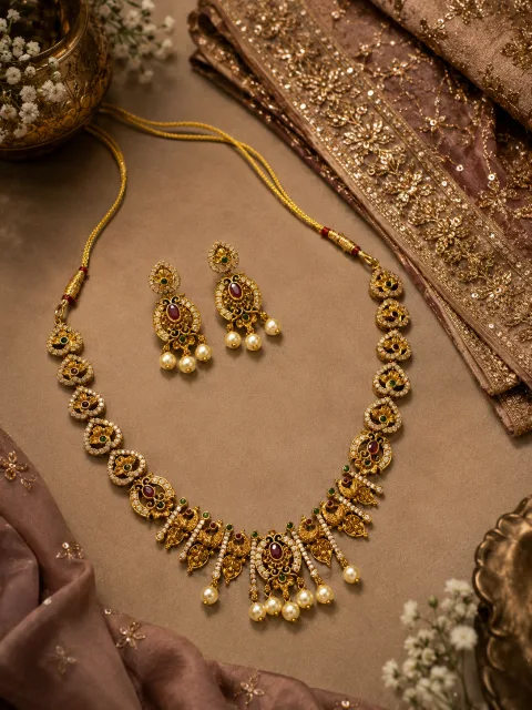 Royal Antique Peacock Kundan Necklace Set with Pearls