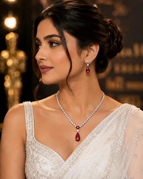 Galloria Red American Diamond Necklace & Earrings Set | Premium Designer Jewellery