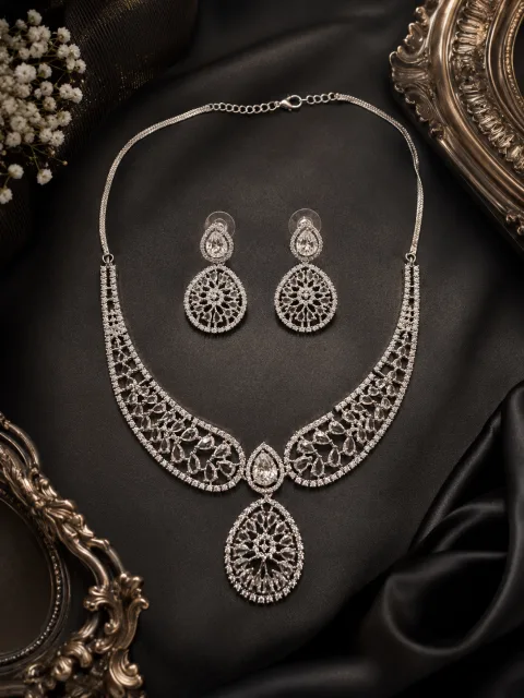 Galloria Crystal White American Diamond Necklace & Earrings Set | Premium Bridal Jewellery