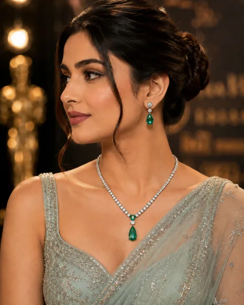 Galloria Emerald Green American Diamond Necklace & Earrings Set | Premium Designer Jewellery
