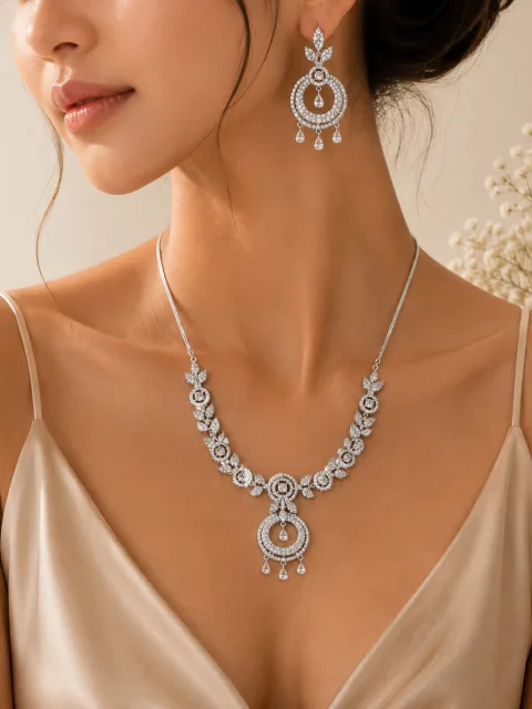 Silver Floral American Diamond Necklace Set