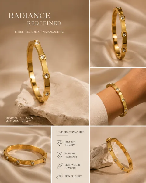 Premium Anti-Tarnish Stainless Steel Bracelet for Women | Luxury Gold-Plated Adjustable Cuff Bracelet
