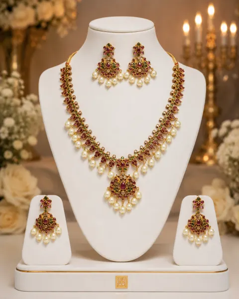 Premium Ruby Kundan Choker Necklace Set with Pearl Hanging Pendant